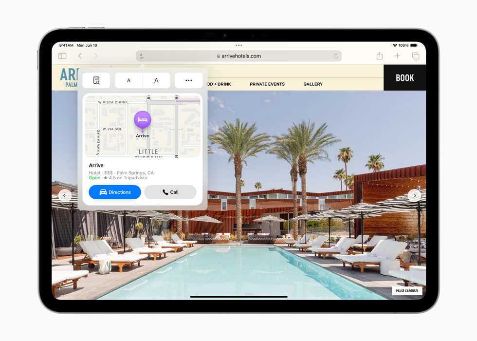 iPad Pro muestra la página de un hotel y un recuadro con su ubicación en un mapa. 